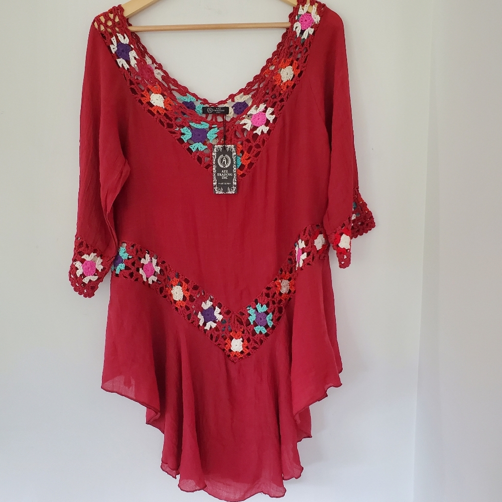NWT Crochet Granny Square Burgundy Red Tunic Top Boho Lightweight Festival Flowy